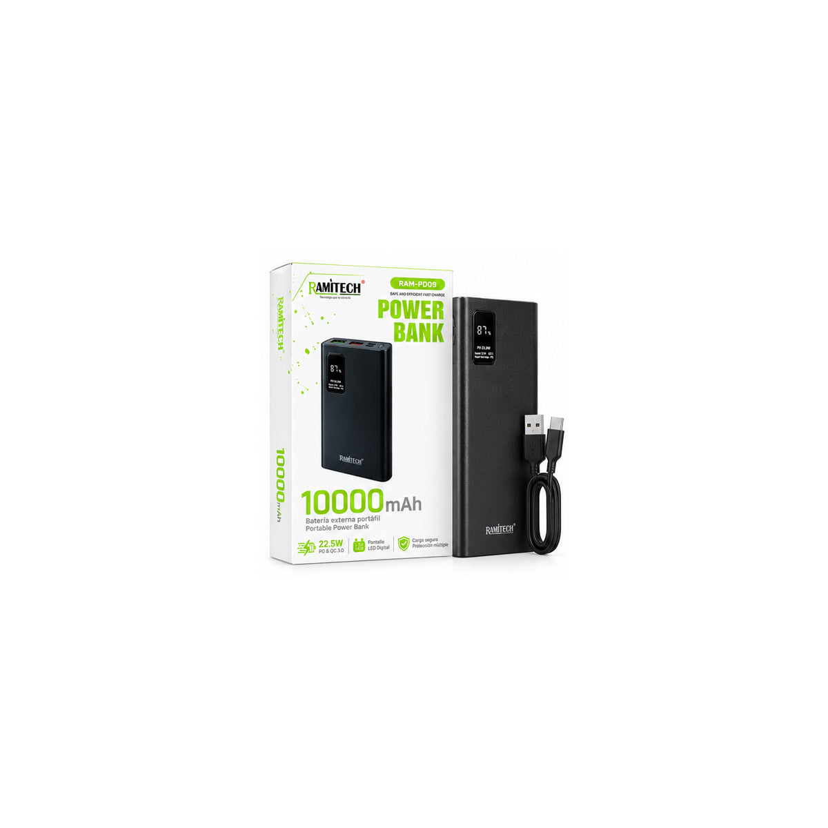 Power Bank RAMITECH RAM-PD05 10.000 mAh con Carga Rápida 22,5W y Pantalla Digital