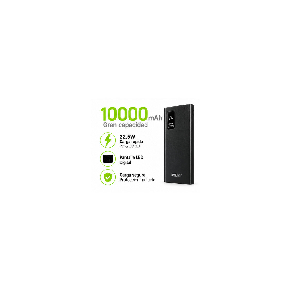 Power Bank RAMITECH RAM-PD05 10.000 mAh con Carga Rápida 22,5W y Pantalla Digital