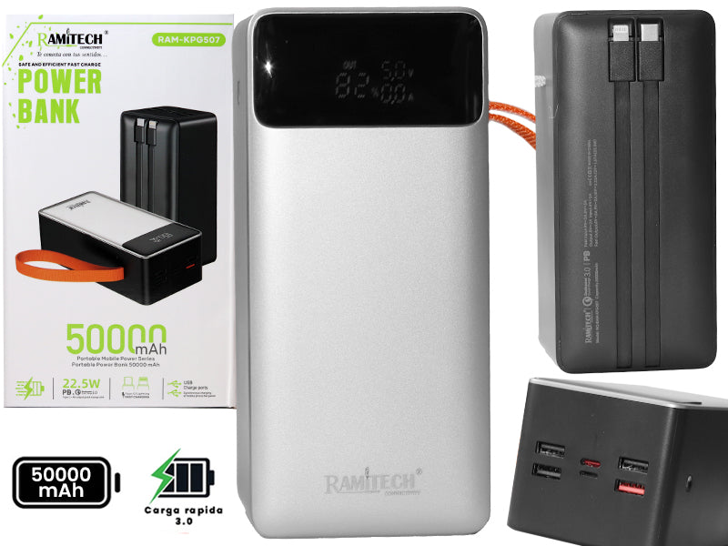 Power Bank RAMITECH 50.000 mAh 22,5W con Pantalla Digital y Cables Integrados