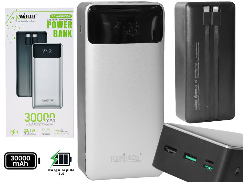 Power Bank RAMITECH 30.000 mAh 22.5W con Pantalla Digital y Cables Integrados