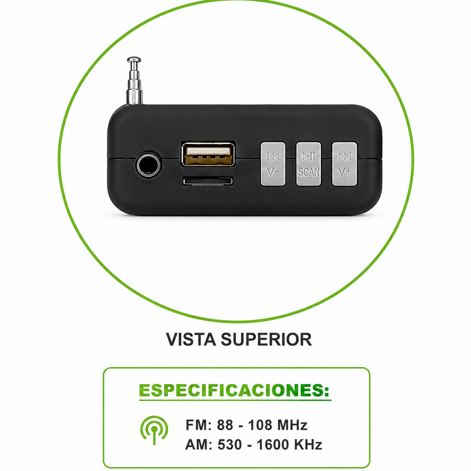 Radio Portátil AM/FM Recargable con USB, TF y Salida para Audífonos