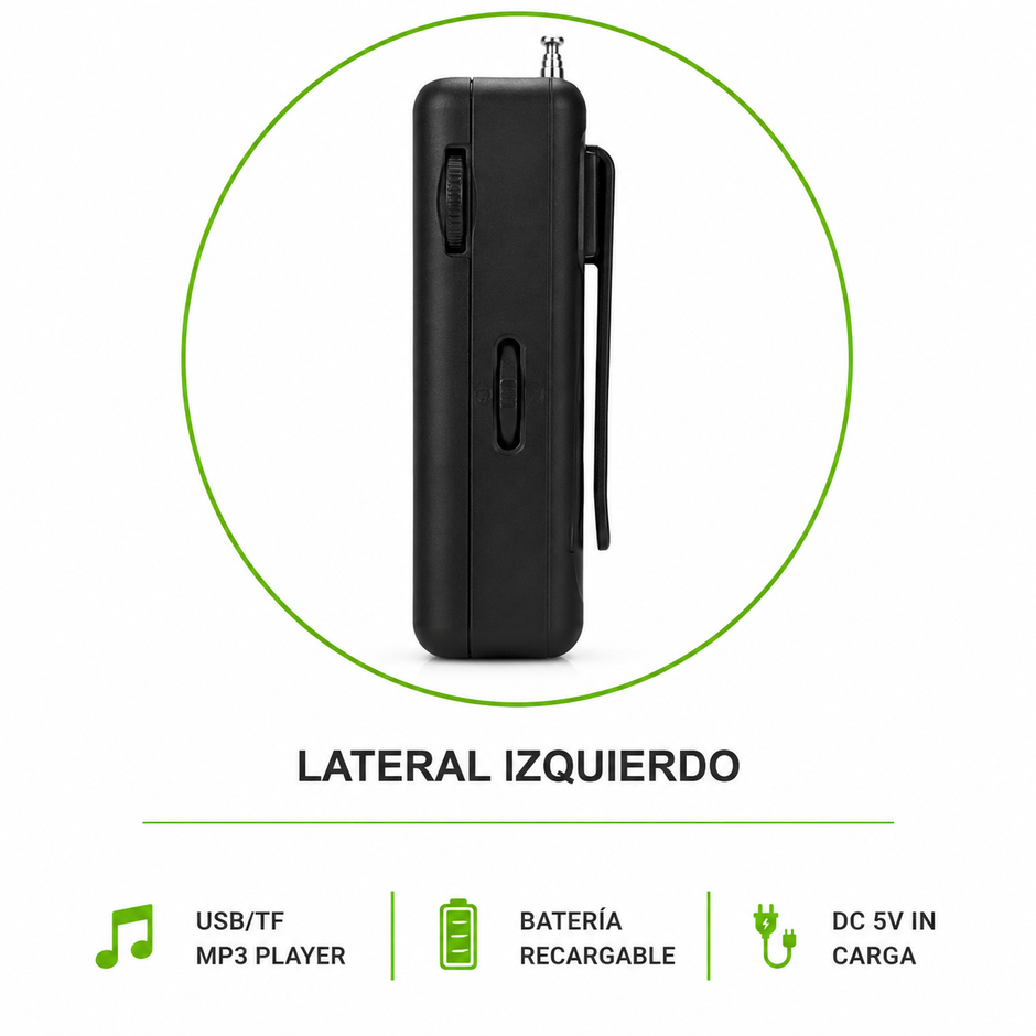 Radio Portátil AM/FM Recargable con USB, TF y Salida para Audífonos