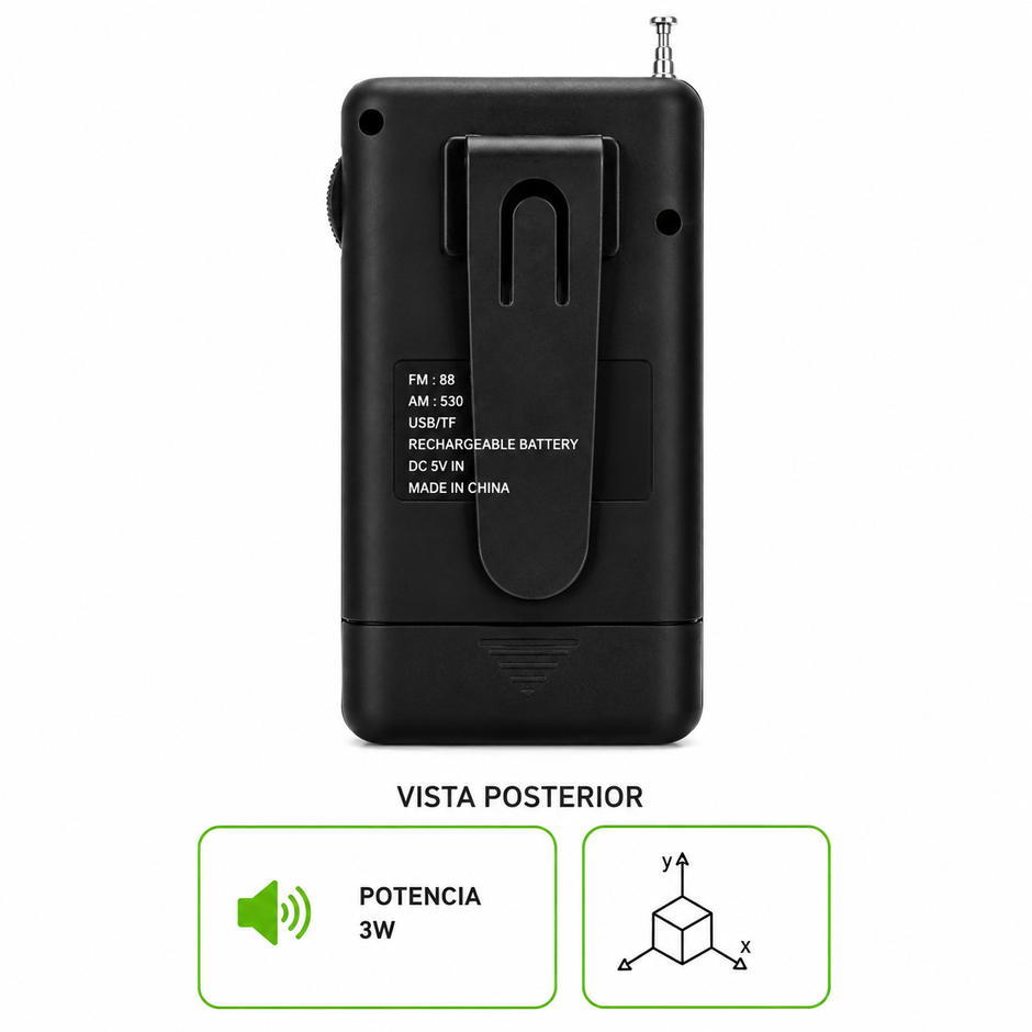 Radio Portátil AM/FM Recargable con USB, TF y Salida para Audífonos