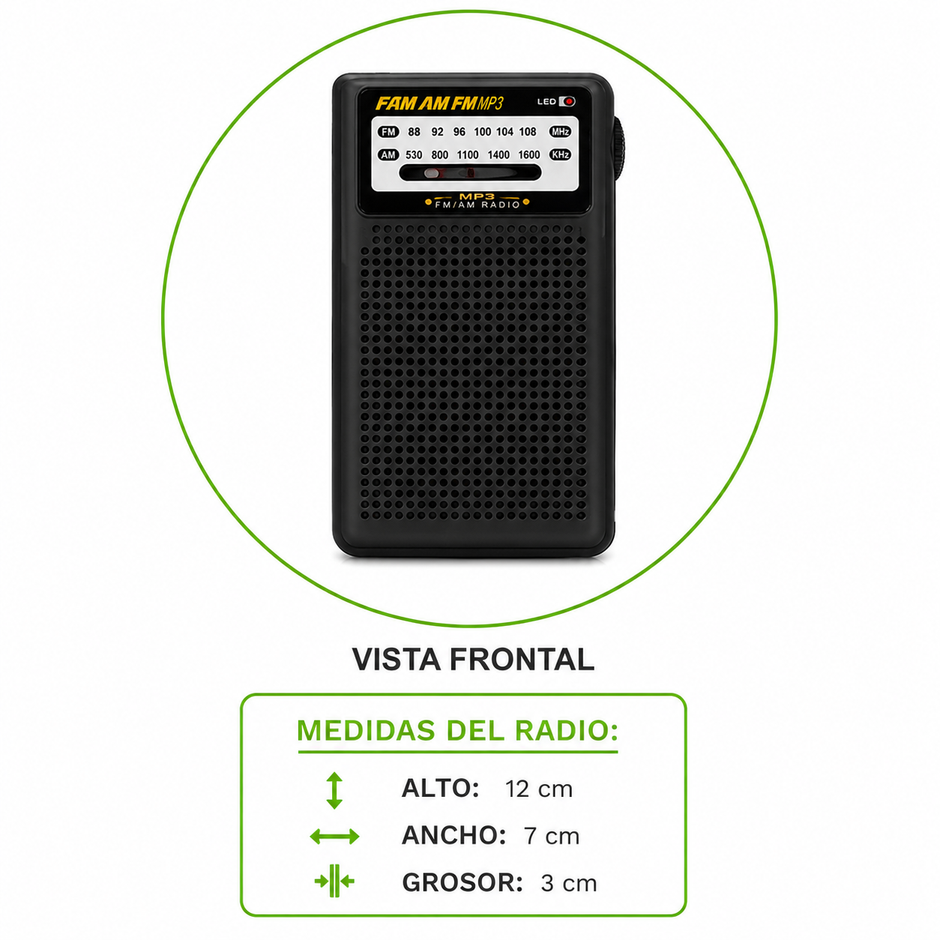 Radio Portátil AM/FM Recargable con USB, TF y Salida para Audífonos