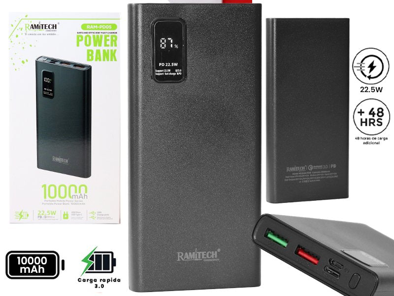 Power Bank RAMITECH RAM-PD05 10.000 mAh con Carga Rápida 22,5W y Pantalla Digital