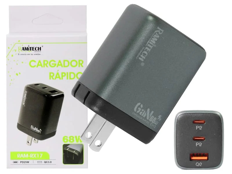 Cargador Cabezal Cubo Triple Carga Rapida 2 Pd X 25W Qc 3.0 68w Ramitech