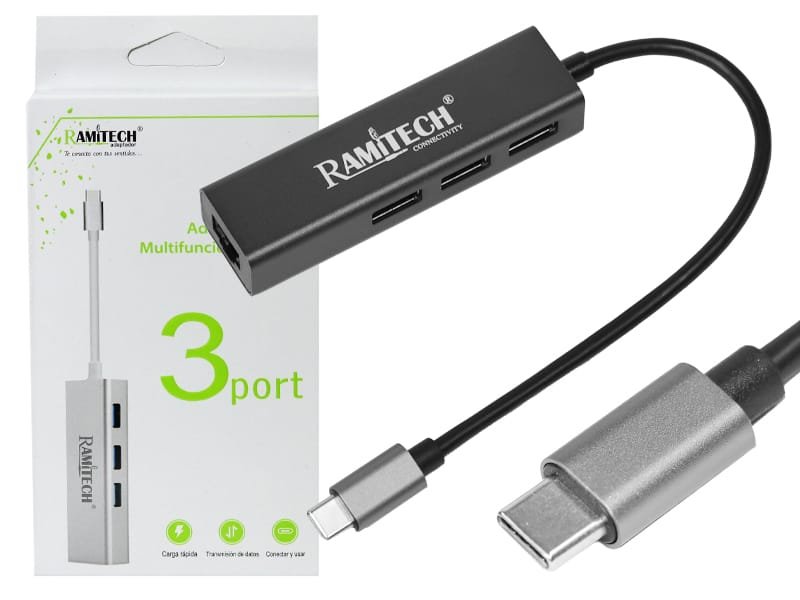 Multipuerto Adaptador De Red Tipo C 3.0 A Ethernet + Hub 3 Puertos 3.0 Aluminio Ramitech