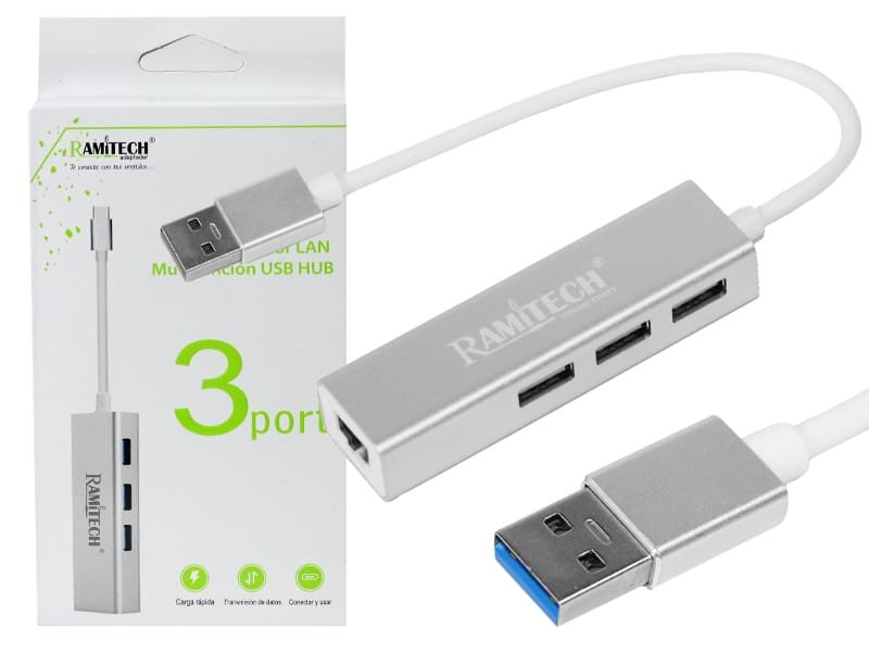 Multipuerto Adaptador De Red Usb 3.0 A Ethernet + Hub 3 Puertos  3.0 Aluminio Ramitech