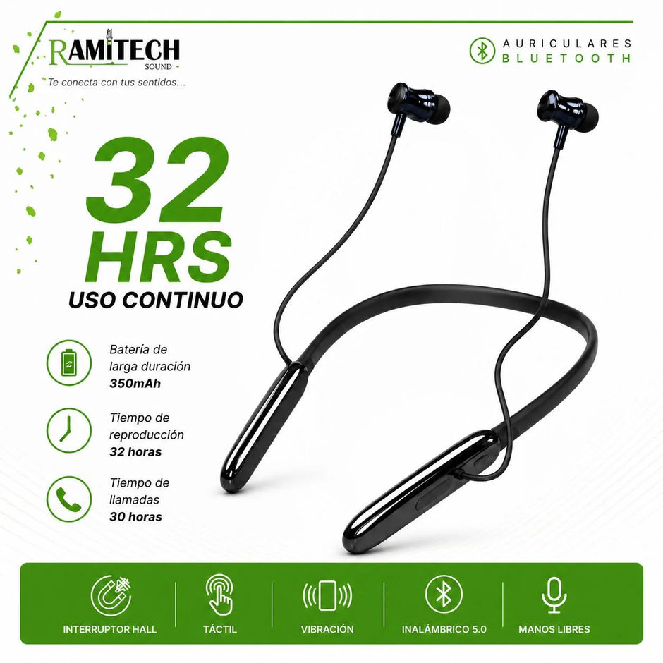 Audífonos Bluetooth Ramitech RAM-ST2418 Tipo Neckband | Bluetooth 5.0 | 32 Horas de Batería