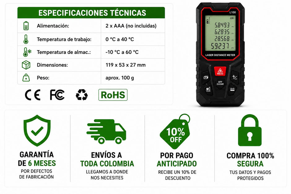 📏 Medidor Láser L100 – Alcance de 100 Metros