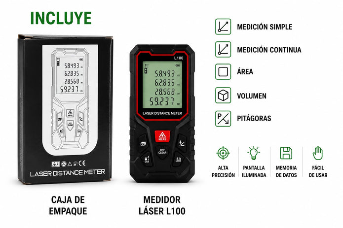 📏 Medidor Láser L100 – Alcance de 100 Metros