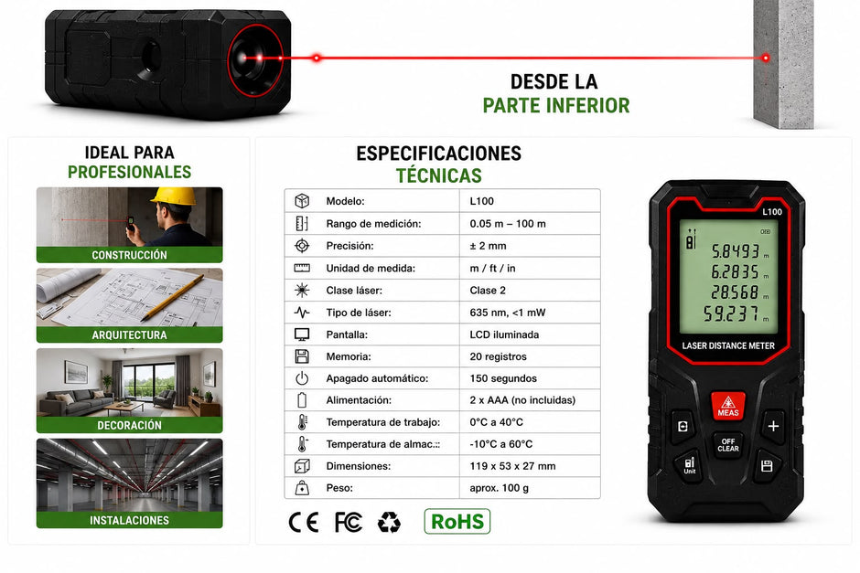 📏 Medidor Láser L100 – Alcance de 100 Metros