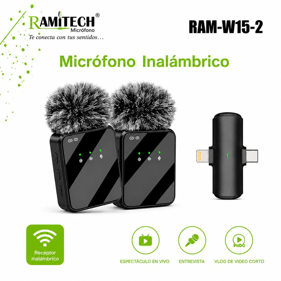 Micrófono Inalámbrico Dual RAMITECH RAM-W15-2 para iPhone y USB-C