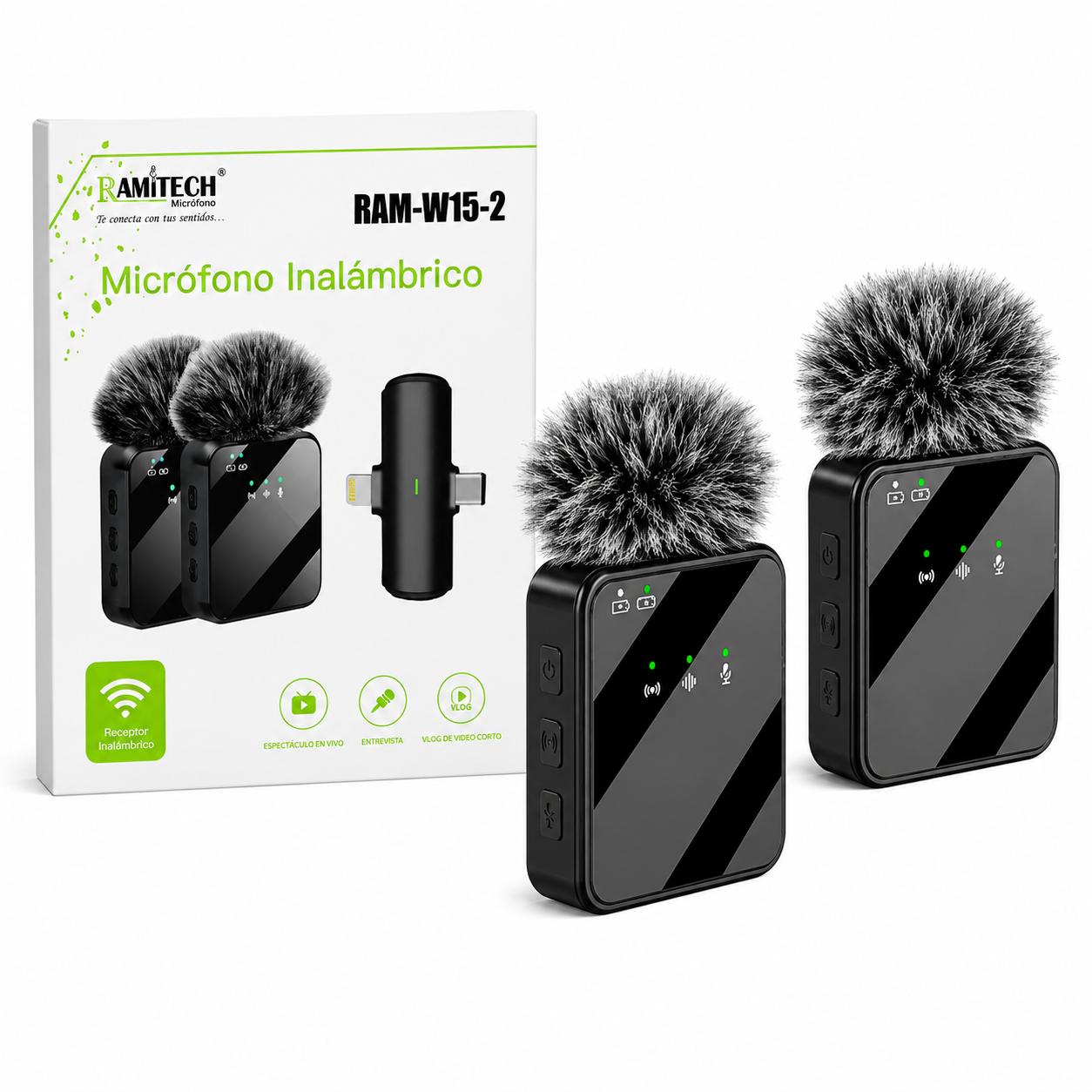 Micrófono Inalámbrico Dual RAMITECH RAM-W15-2 para iPhone y USB-C