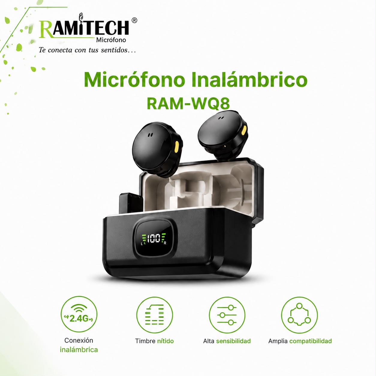 Micrófono Inalámbrico RAM-WQ8 ANC con Estuche de Carga y Receptor USB-C / Lightning