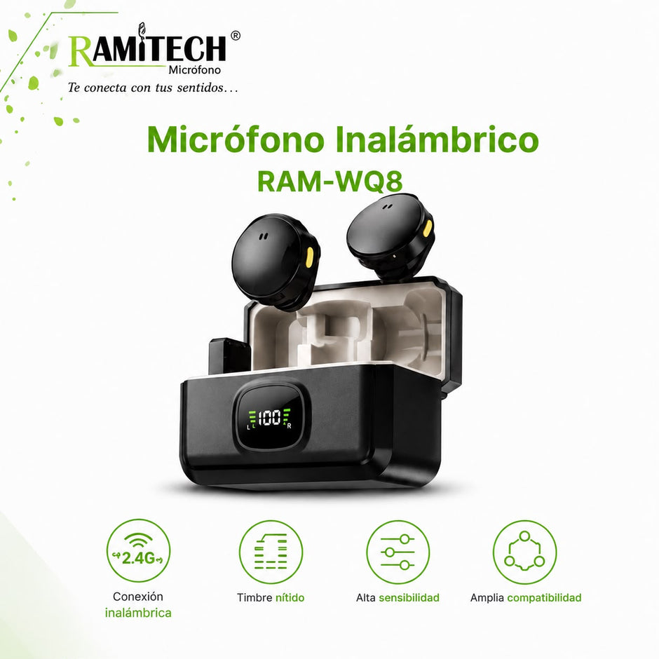 Micrófono Inalámbrico RAM-WQ8 ANC con Estuche de Carga y Receptor USB-C / Lightning