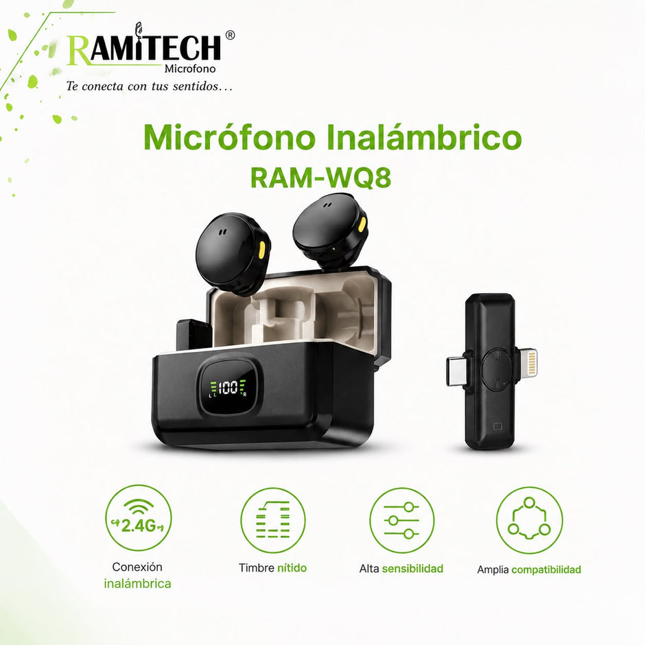 Micrófono Inalámbrico RAM-WQ8 ANC con Estuche de Carga y Receptor USB-C / Lightning