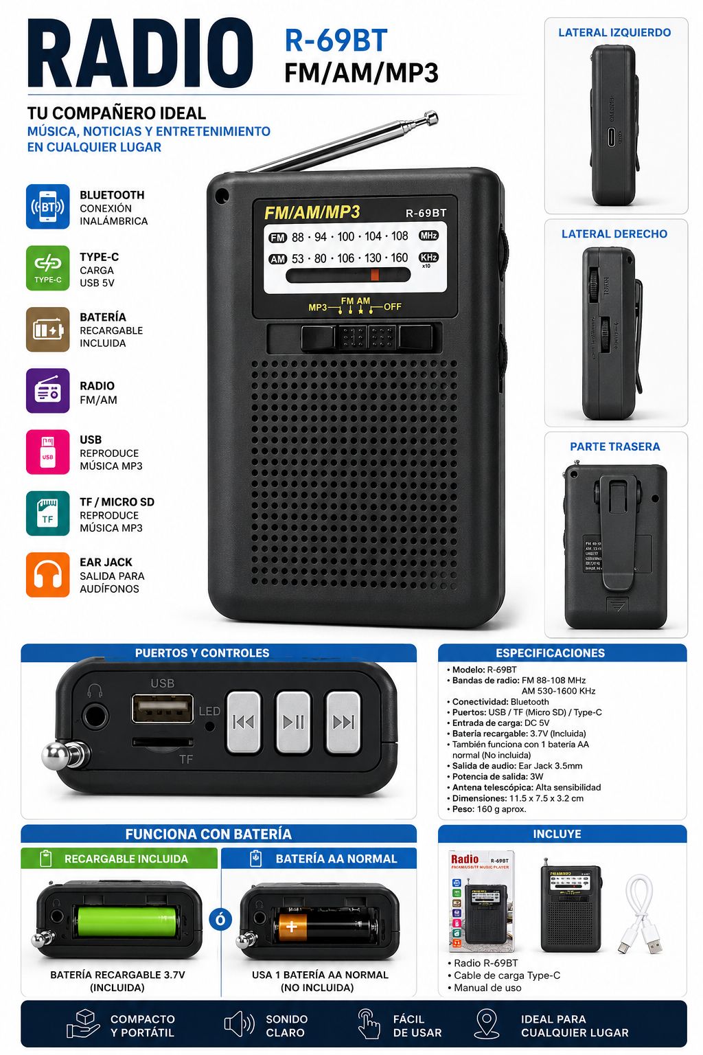 Radio Portátil AM/FM Recargable con USB, TF y Salida para Audífonos