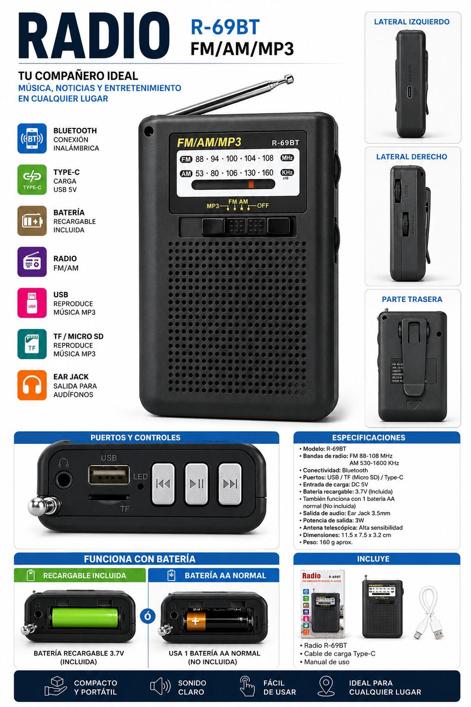Radio Portátil AM/FM Recargable con USB, TF y Salida para Audífonos