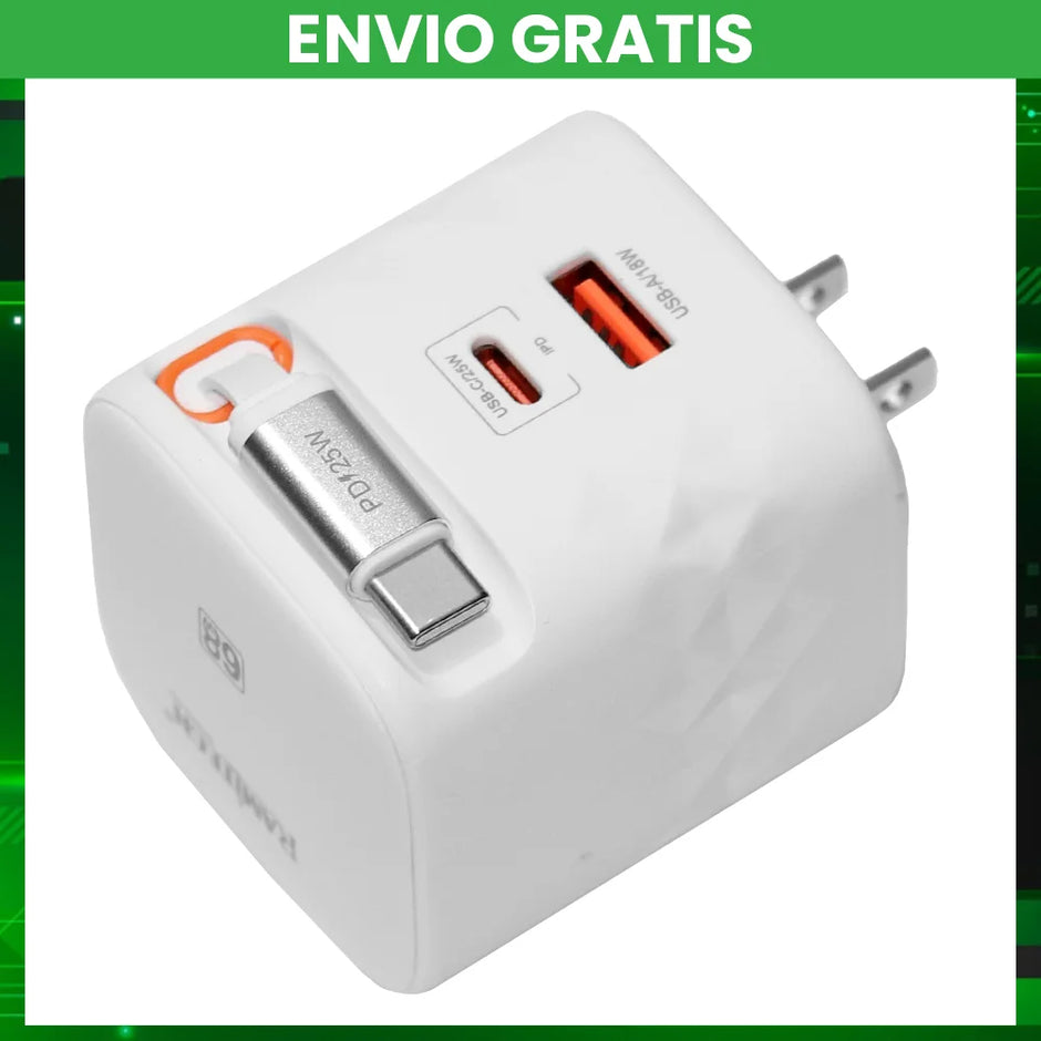 Cargador Rapido Usb De 68W Con Cable Retractil Tipo C Pd x 25W Usb-A 18W Ramitech