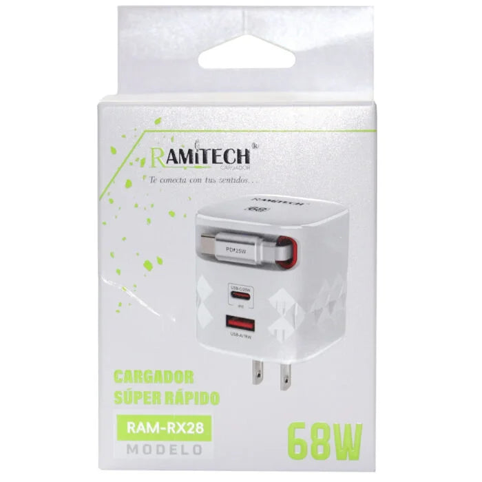 Cargador Rapido Usb De 68W Con Cable Retractil Tipo C Pd x 25W Usb-A 18W Ramitech